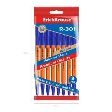 Набор из 8 ручек шариковых ErichKrause R-301 Stick&Grip Orange 0.7, цвет чернил синий (в пакете)
