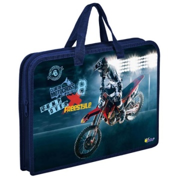 Папка для тетрадей. А4 с ручками (тесьма). "Мотофристайлер", пластик, дизайн с двух сторон