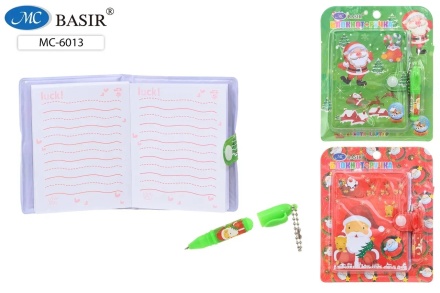 Набор подарочный канцелярский: детский "НОВОГОДНИЙ"; блокнот .8*10,5 см.+мини-ручка, яркий с рисунком, в упаковке на подложке с европодвесом.