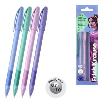 Набор из 4 ручек шариковых ErichKrause U-109 Stick&Grip Pastel 0.7, Ultra Glide Technology, цвет чер