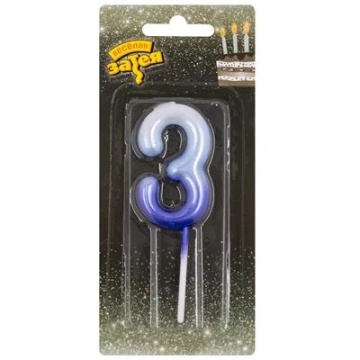 Свеча-цифра "3" Омбре голуб/синий, 6см.