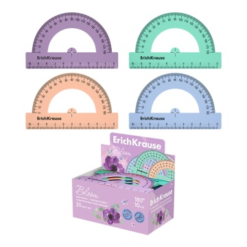 Транспортир пластиковый ErichKrause Pastel Bloom, 180/10см, ассорти (в коробке-дисплее по 20 шт)