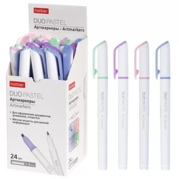 Текстовыделитель "Hatber. Duo PASTEL" 1-4мм, двусторон., мягкий наконечник, ассорти 4 цвета