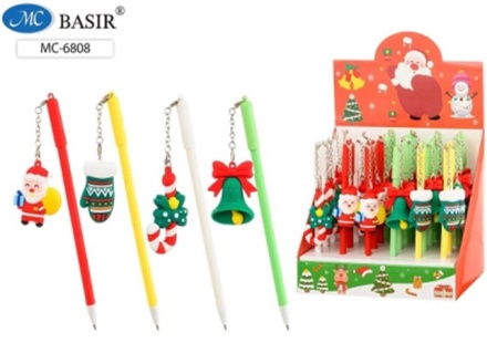 Ручка шариковая. "НОВОГОДНИЕ", колпачок с брелоком: леденец, варежка, колокольчик, Дед Мороз. Ассорти. Синяя