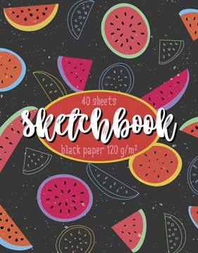 Скетчбук А6  40л., гребень, 120гр/м2 "Арбузики" черная бумага, софт-тач, выб.УФ-лак