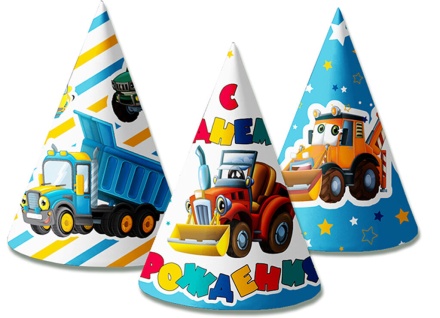Колпак карнавальный "С Днем Рождения" машинки 16см, 6 шт/уп