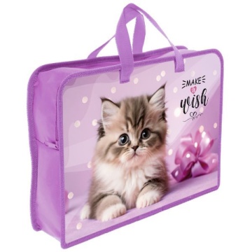 Папка для тетрадей. А4, на молнии, широкая боковина. Дизайн с 2-х сторон. "Котик в горошках" (340*240*75 мм)