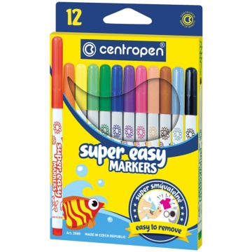Фломастеры  12цв "Centropen. Super Easy", на водной основе, трехгранные , карт.упак