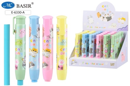 Ластик автокарандаш: "КОШКИ"; мягкий, цветной в пластмассовом корпусе с рисунком-панда .ассорти., ра