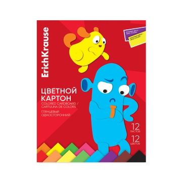 Цветной картон глянцевый в папке ErichKrause, Jolly Friends, А4, 12 л, 12 цв (с флюор.) (школьно-пис