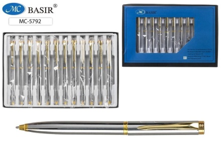 Ручка металлическая с поворотным механизмом. Корпус серебристый, клип и наконечник золотого цвета. Синяя