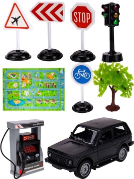 Машинка инерционная 13 см светофор,дор. знаки,заправка,карта,черный