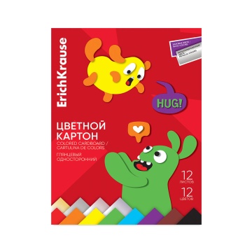 Цветной картон глянцевый в папке ErichKrause, Jolly Friends, А4, 12 л, 12 цв.(с металлиз.) (школьно-