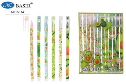 Ручка гелевая, стираемая. "Авокадо". Корпус яркий,цветн.с рисунком, ассорти. 0,5 мм. Синяя