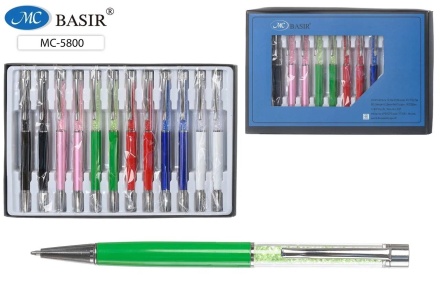 Ручка металлическая с поворотным механизмом. Комбинир.корпус: нижняя часть цветная в ассорт. Прозрачная часть с наполнителем цветные стразы. Клип и наконечник - серебристые