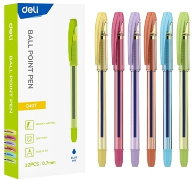 Ручка шар. Deli синяя, 0,7мм, корпус ассорти