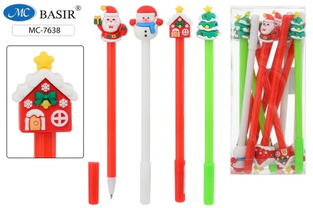 Шариковая ручка: детская; "НОВОГОДНИЕ*"; цветной корпус .ассорти., съёмный прорезиненный наконечник-Дед Мороз, ёлка, снеговик, домик, в пластиковой упаковке, цвет чернил-синий.