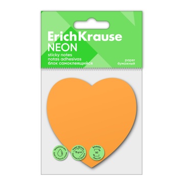 Блок самоклеящийся бумажный ErichKrause Heart Neon, 50 листов, оранжевый