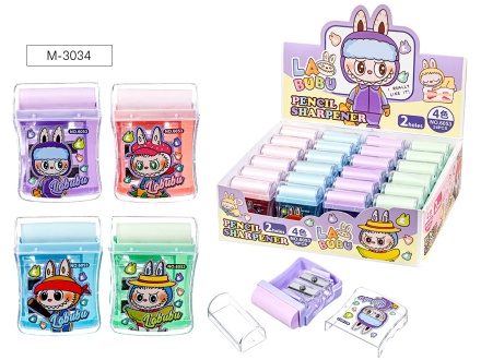 Точилка пластик.с контейнером. ЗУБАСТИК (Лабубу), 2 отверстия, ластик, 4 дизайна