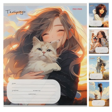 Тетрадь А5 12л кл. Проф-Пресс "Девушки и животные" 5 диз.в спайке, белизна 100%