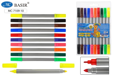 Фломастеры двусторонние. Набор 10 цветов. "ТИГР". Линия письма 1 мм и 3 мм.