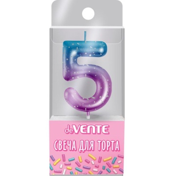 Свеча-цифра "5" Degrade 6 см, метал.цвет+напыление серебрян.точками