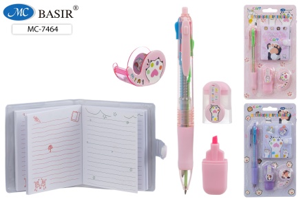 Блокнот на кнопке + 4-цв.ручка + мини-текстмаркер + диспенсер с ярким скотчем. Набор подарочный детский "ЛАПКИ".19,7*11 см