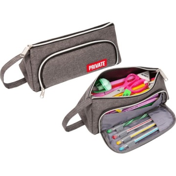 Пенал-косметичка (210*85*85) молния,ткань "Private",с ручкой,карман,серый,на 70пр.