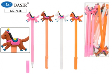 Шариковая ручка: детская; "ГОД ЛОШАДИ"; цветной корпус .ассорти., съёмный прорезиненный наконечник-Лошадь, в пластиковой упаковке, цвет чернил-синий.