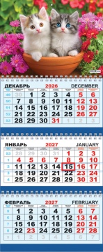 Календарь квартальный на 2027 год "Кошки. Пушистые братишки", 295х730мм