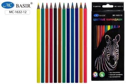 Карандаши цветные "ЗЕБРА", черный пластик, заточенные, яркие. Противоударные. 12 цв.