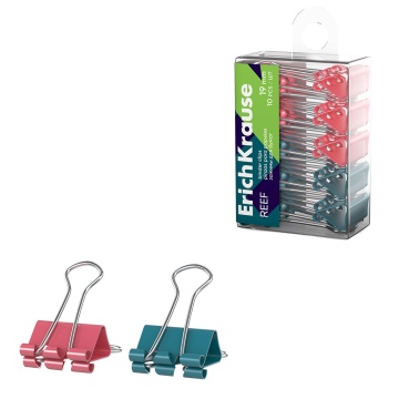 Зажимы для бумаг ErichKrause Reef, 19 мм, ассорти (в пэт-боксе по 10 шт.)