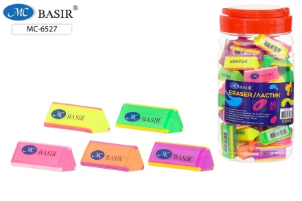 Ластик: цветной с цветными вставками, треугольной формы .ассорти., в пластиковой банке; размер 3,8*1,5 см.