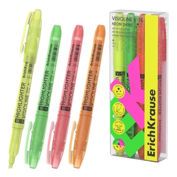 Набор из 4 текстмаркеров ErichKrause Visioline V-15 Neon Shine, цвет чернил ассорти (в пэт-боксе)