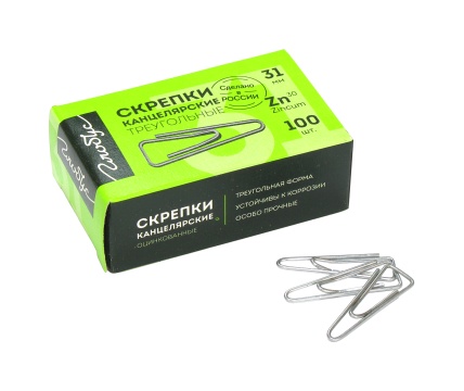 Скрепки 31мм - 100шт. оцинкованные, треугольные, карт.уп.