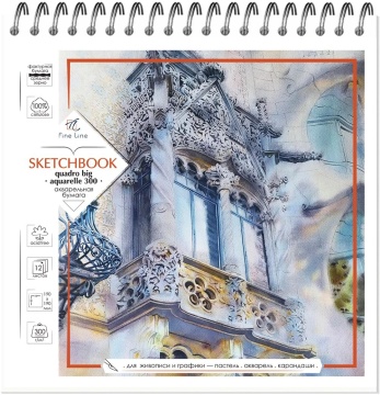 Скетчбук 190*190мм  12л., гребень, 300гр/м2, "Quadro big" 100% целлюлоза для акварели, жёст.подл.