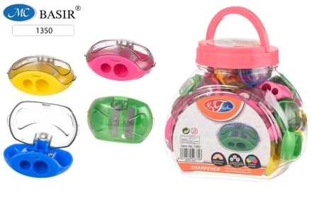 Точилка двойная с контейнером. Пластик. 4 цвета, овальная. 5*3,5 см