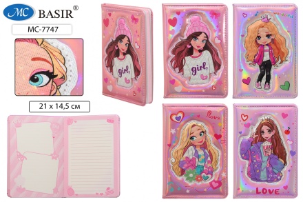 Блокнот-ежедневник детский: "ДЕВОЧКА"; яркая перламутровая обложка с поролоном, объёмная аппликация .ассорти.; тонированный блок-линия с иллюстрациями, 80 листов; 21*14,5 см.