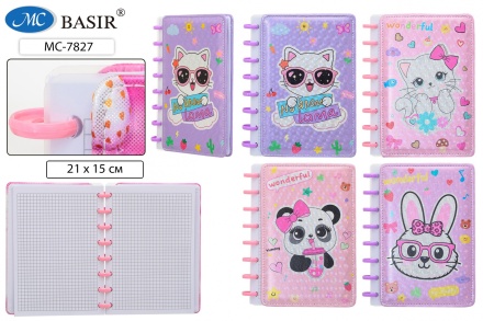 Блокнот-ежедневник: детский "МИЛАШКИ"; на больших кольцах, обложка с поролоном, блок клетка, 80 листов, размер 15*21 см.