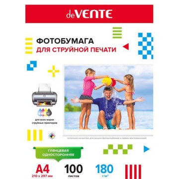Фотобумага INK JET deVENTE A4 180г, 100л, глянцевая, односторонняя