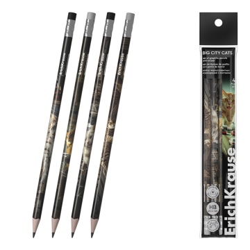 Набор из 4 чернографитных карандашей ErichKrause Big City Cats, трехгранных, с ластиком, НВ (в пакет