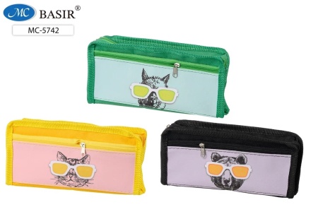 Пенал. "СТИЛЬНЫЕ ЖИВОТНЫЕ"; плотная ткань, цветной ассорти, внешний карманчик кожзам на молнии; 20,5*9*4 см.