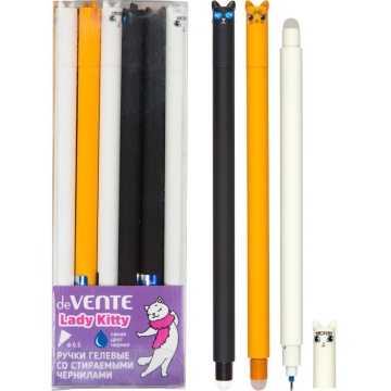 Ручка гелевая стираемая deVENTE "Lady Kitty" синяя, 0,5мм, декор на колпачке