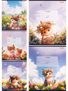 Тетрадь А5 12л лин. Проф-Пресс "Кошечки с цветами" твин-лак, 5диз.в спайке, белизна 100%