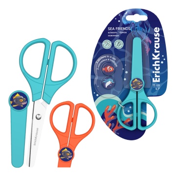 Ножницы ErichKrause Sea Friends Protect, с пластиковым чехлом и наклейками, 13 см, ассорти (в блисте