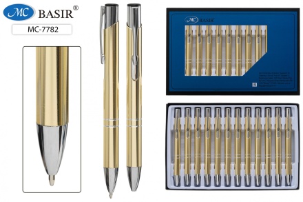 Ручка металлическая: автоматическая, объёмный золотой корпус, цвет чернил - синий.