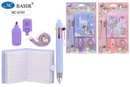 Блокнот детский+8-цветная авторучка+мини текстмаркер+диспенсер с детским скотчем. "ЕДИНОРОГ". Набор подарочный. 22*13 см.