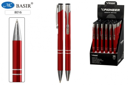 Автоматическая шариковая ручка с чернилами на масляной основе: "VINSON PIONEER"; металлический красный корпус; толщина пишущего узла 0,7 mm, цвет чернил-синий.