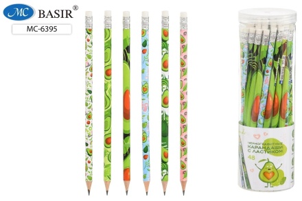 Карандаш чернографитный с ластиком. "АВОКАДО". НВ, дерево. Заточенный, с рис. Ассорти