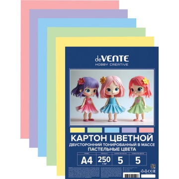 Картон цв. А4  5цв. 5л. тонированный, двусторон.., пл. 250 гр/м2, пастельные цвета